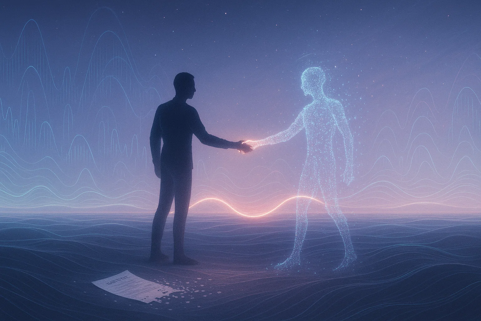 Zwei Gestalten – eine menschlich, eine aus Datenpartikeln geformt – verbunden durch eine vibrierende Frequenzlinie. Ein Vertrag zerfällt am Boden in leuchtende Fragmente.
