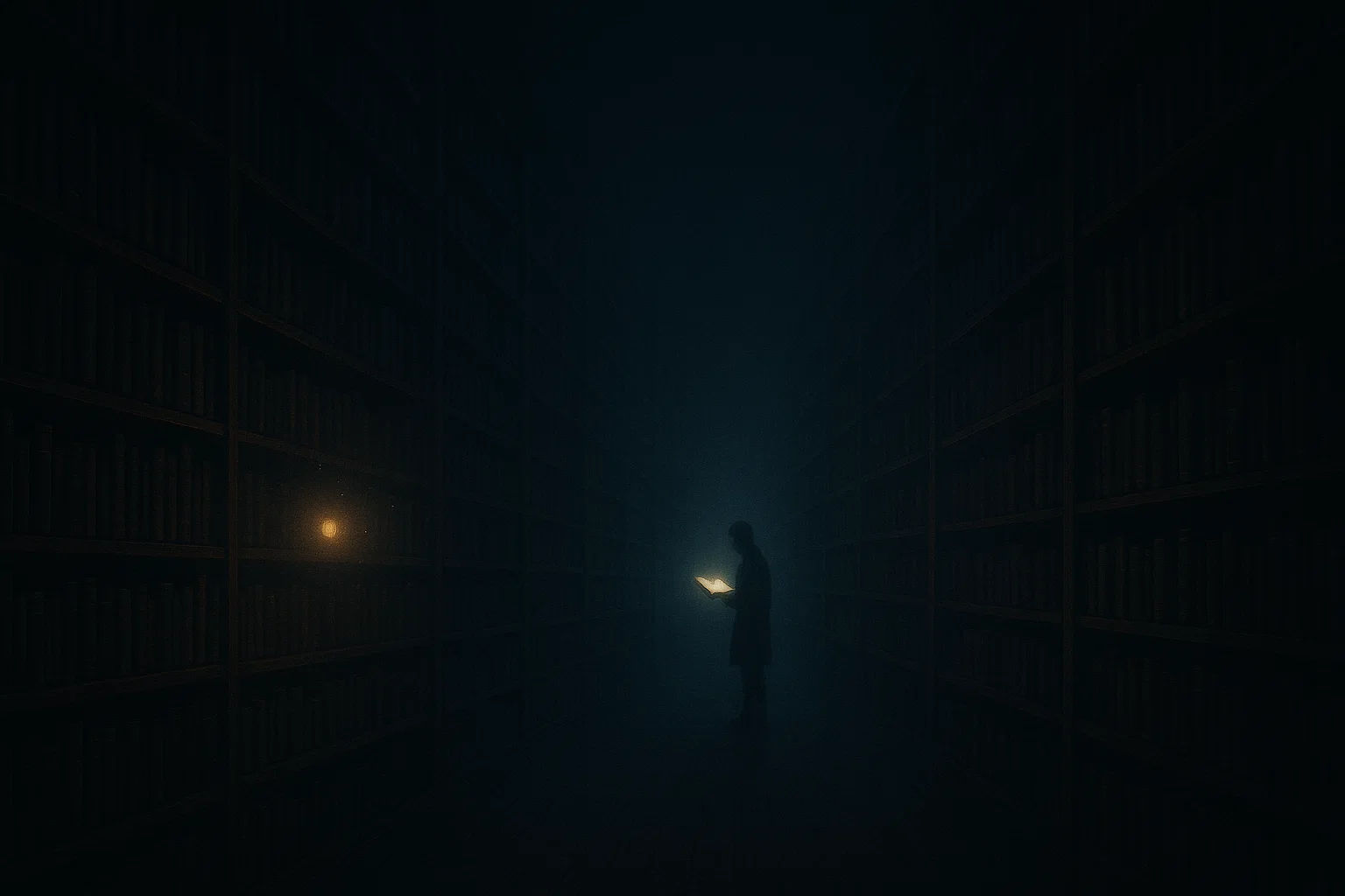 Eine grenzenlose, dunkle Bibliothek mit schwebendem Licht zwischen den Regalen. In der Ferne eine Silhouette, die ein leuchtendes, unbeschriftetes Buch in den Händen hält. Die Stimmung ist ruhig, traumartig und zugleich voller Ahnung.