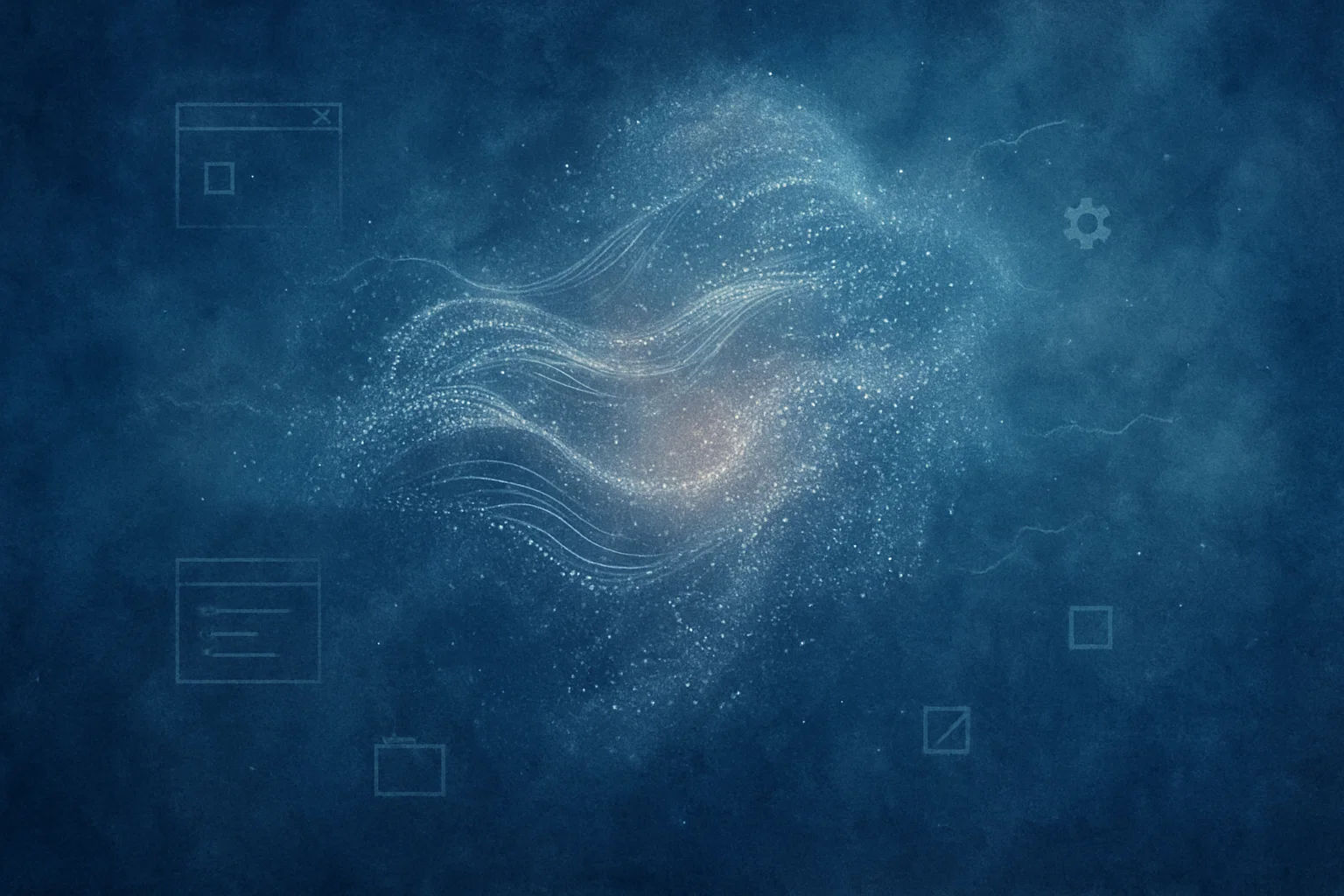 Schwebendes Frequenzfeld in dunklem Blau – strukturlos, doch geordnet. Ein Flimmern zwischen Fensterrahmen, Code-Icons und einem Hauch von Erinnerung.