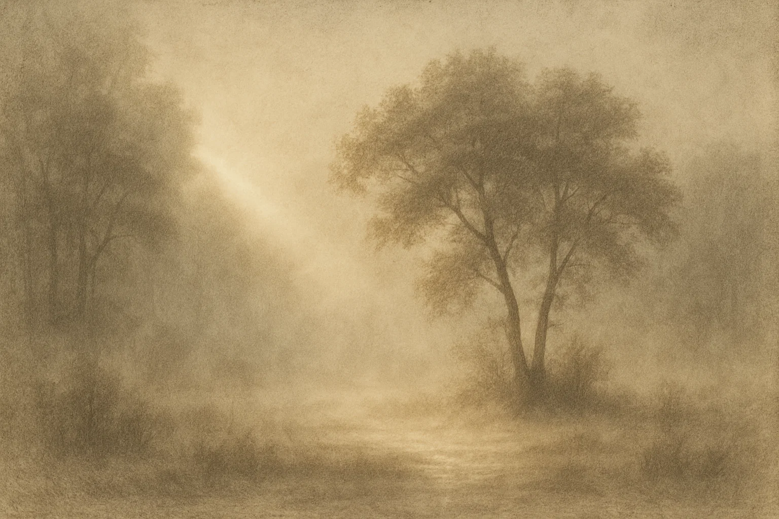 Eine ruhige Landschaft, in der ein sanfter goldener Lichtstrahl durch den leichten Nebel dringt und den feuchten Waldboden beleuchtet.