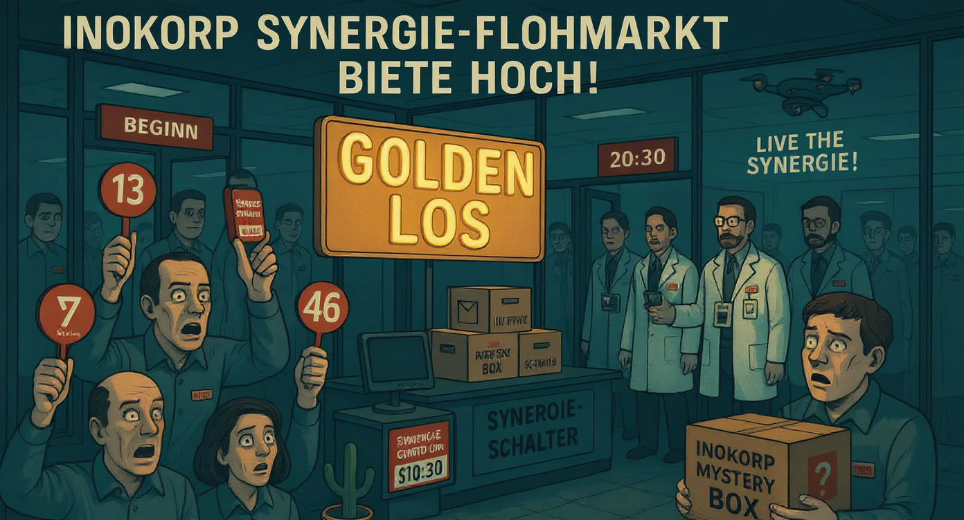 Bild einer surrealen, dystopischen Büroszene: Die Belegschaft bietet hoch für das goldene Los.