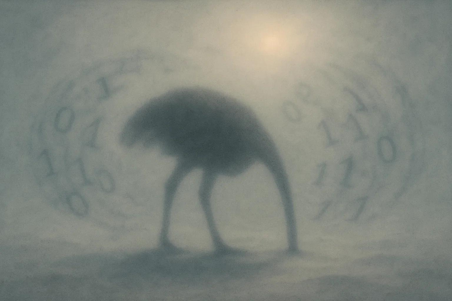 Abstrakte Darstellung eines Strauß-Schattens mit Kopf im Sand, umgeben von wirbelnden Zahlenkreisen, die unsichtbare Jäger andeuten, in kühlen Tönen mit einem Hauch warmem Schein.