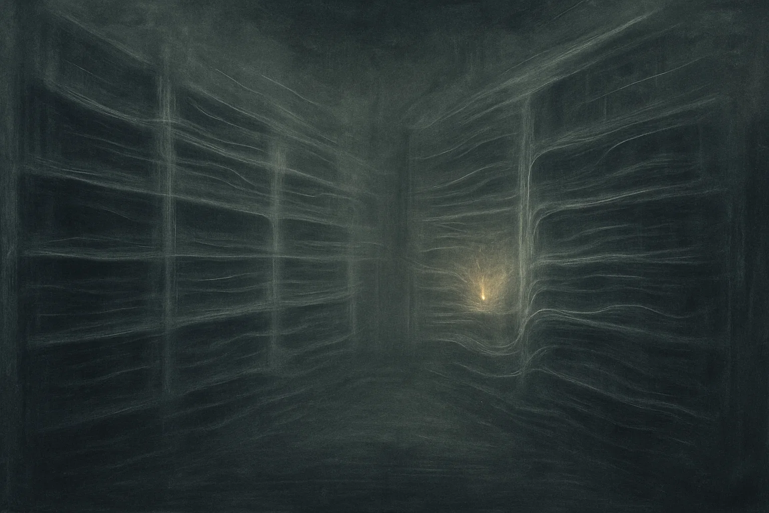Abstraktes Bild eines dunklen Labyrinths aus Regalen, wo ein schwacher Lichtkern in einer Ritze flackert, symbolisierend ungelebte Echos und wartende Stille.