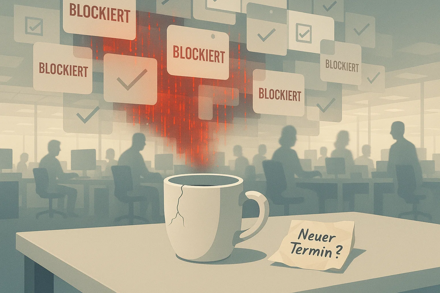 Ein Großraumbüro voller Silhouetten, überlagert von digitalen Kalenderfeldern mit dem Schriftzug ‘BLOCKIERT’. Im Vordergrund eine rissige Kaffeetasse, daneben ein zerknitterter Zettel mit ‘Neuer Termin?’ – visuelle Dissonanz zwischen Betriebsamkeit und innerem Stillstand.
