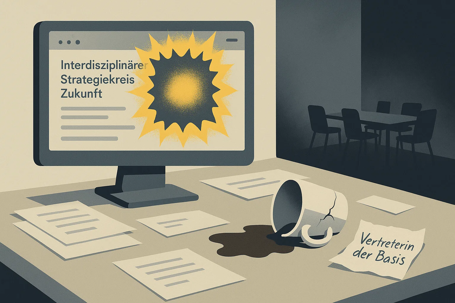Ein minimalistisches Bild eines Schreibtisches mit zerstreuten Papieren und einer umgekippten, gesprungenen Kaffeetasse. Ein Bildschirm zeigt eine verschwommene E-Mail mit dem Betreff „Interdisziplinärer Strategiekreis Zukunft“, überlagert von einem giftig gelben Glühen mit gezackten Rändern. Im Hintergrund teilt sich die Bühne: links der Schreibtisch, rechts ein dunkler, rauchiger Umriss eines Meetingraums. Ein zerknittertes Memo mit „Vertreterin der Basis“ liegt auf dem Tisch.