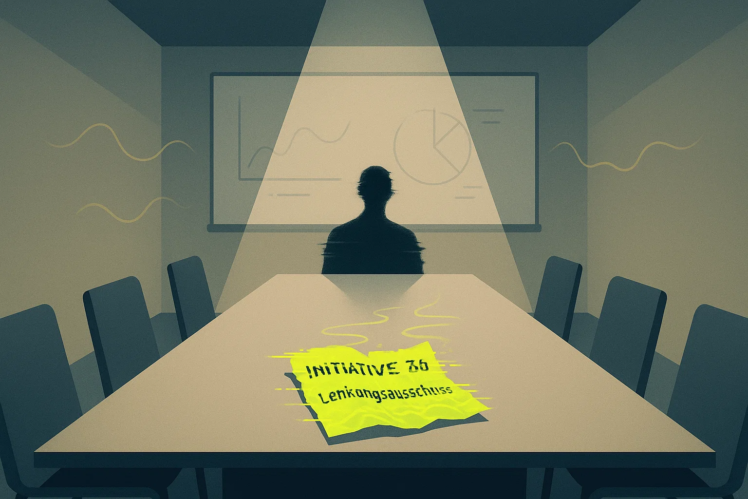 Ein minimalistisches Bild eines sterilen Meetingraums. Eine verzerrte Silhouette einer Person sitzt allein an einem langen, leeren Tisch, beleuchtet von einem grellen Spotlight. Auf dem Tisch liegt ein zerknittertes Papier mit unleserlichen, gelb glühenden Wortfetzen wie „Initiative 7.b“. Im Hintergrund schimmert ein leeres Whiteboard mit vagen Diagrammen. Die Wände wirken eng, schwache gelbe Wellen deuten Murmeln an.