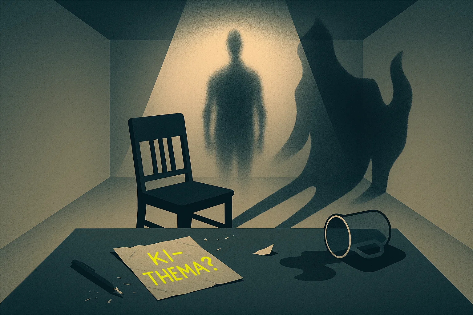 Ein minimalistisches Bild eines dunklen Meetingraums. Eine stark verzerrte Silhouette einer Person steht in einem grellen Spotlight, fast auflösend. Vor ihr ein leerer Stuhl, der eine bedrohliche Präsenz ausstrahlt. Auf dem Tisch liegt ein zersplitterter Stift neben einem zerknitterten Papier mit „KI-Thema?“ in giftigem, pulsierendem Gelb. Ein umgekippter Wasserkrug liegt daneben, die Wände schließen sich wie eine Falle.