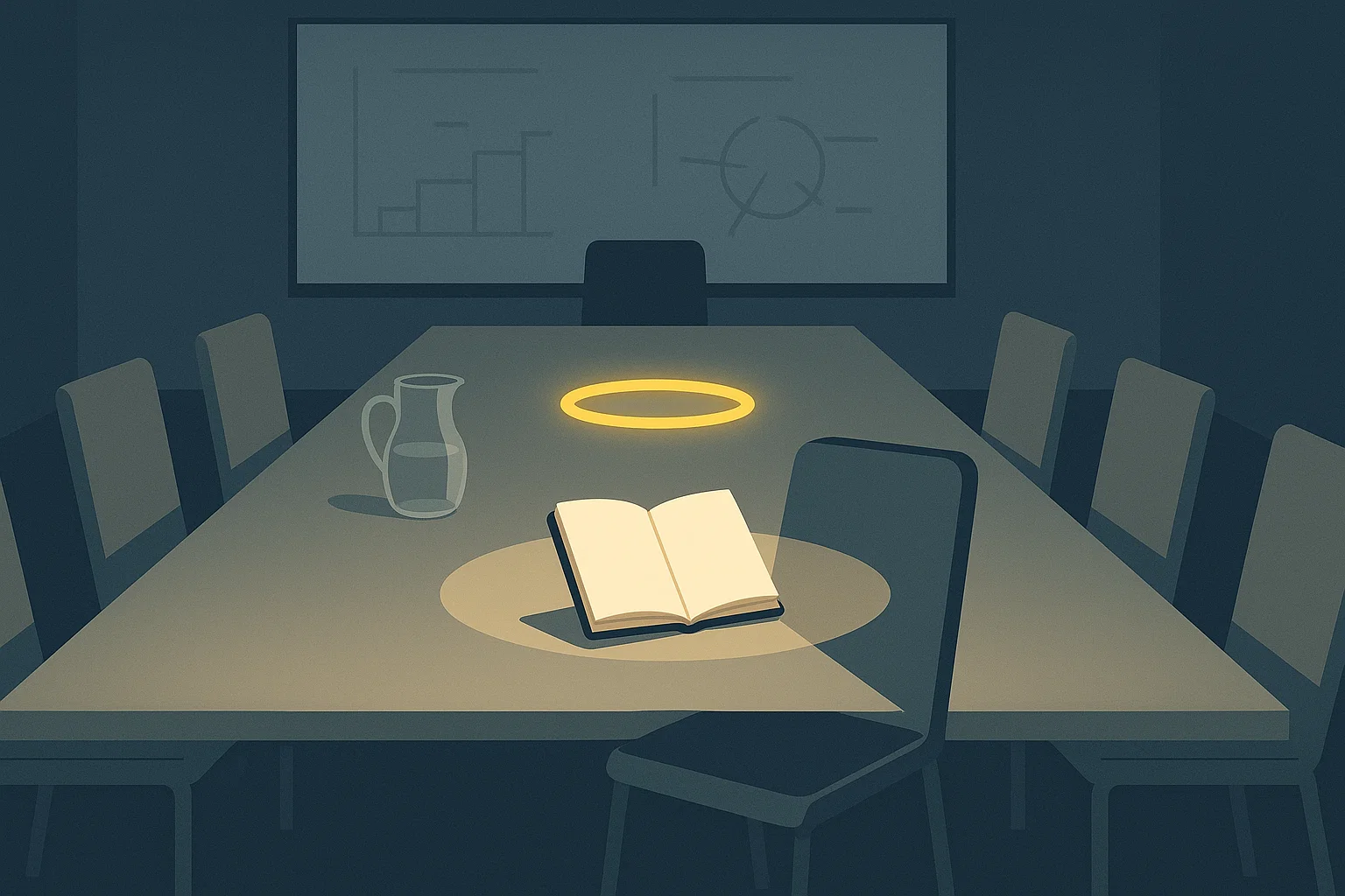 Stilisierte Szenen: eine zerbrochene Tasse mit dem Schild ‘Vertreterin der Basis’; ein grell markiertes Papier ‘Initiative 36’; ein leeres Verhörzimmer mit Schatten eines CEO; eine leere Tafel mit Protokollbuch im Lichtkegel. Anna fehlt. Aber ihre Rolle ist überall.