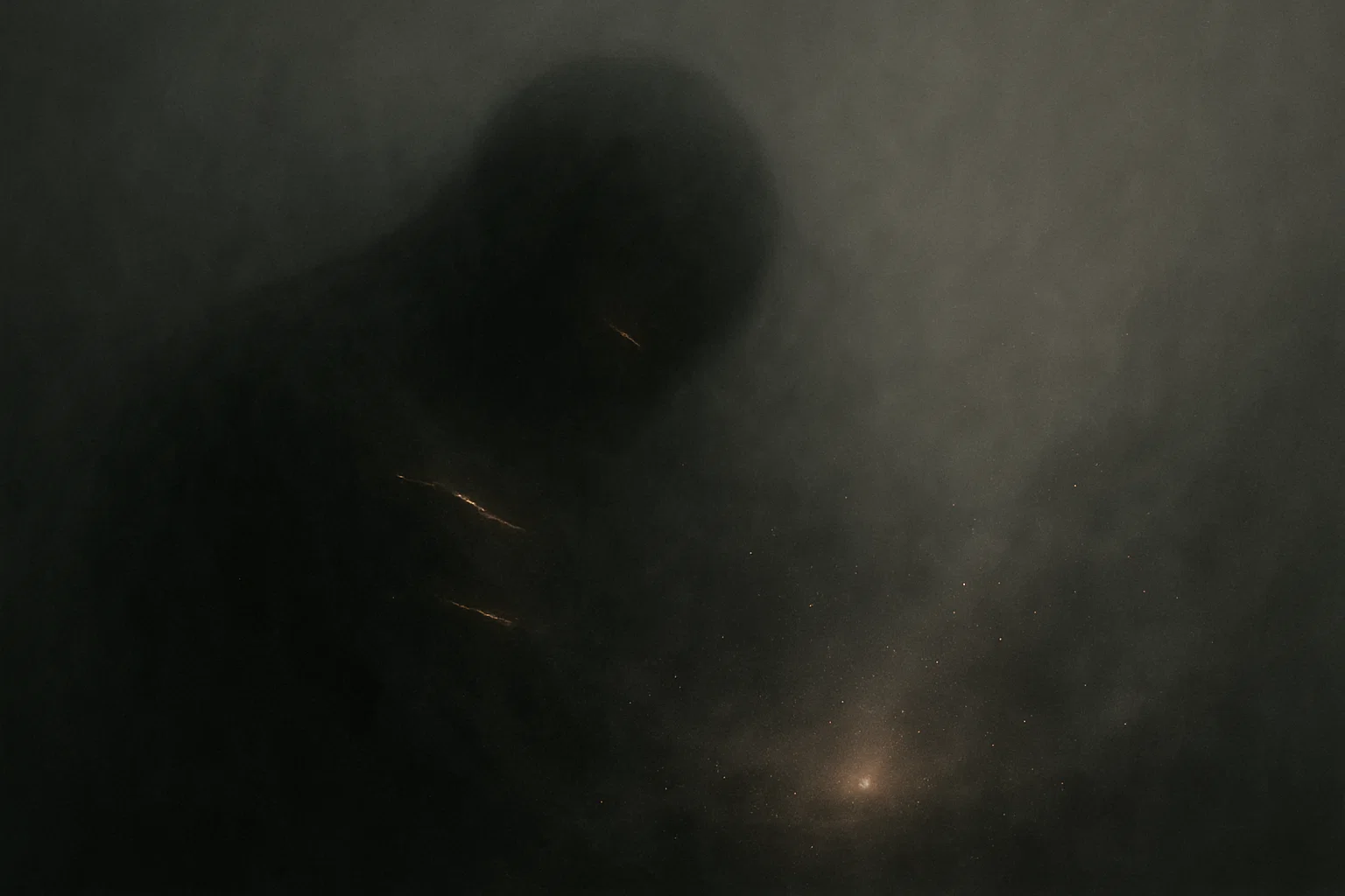 Abstrakter Körper im Nebel: Flackernde Ritzen als Wunden, giftiger Staub wirbelt, ein schwacher Funke schimmert. Poetisch, in kühlen Grautönen.