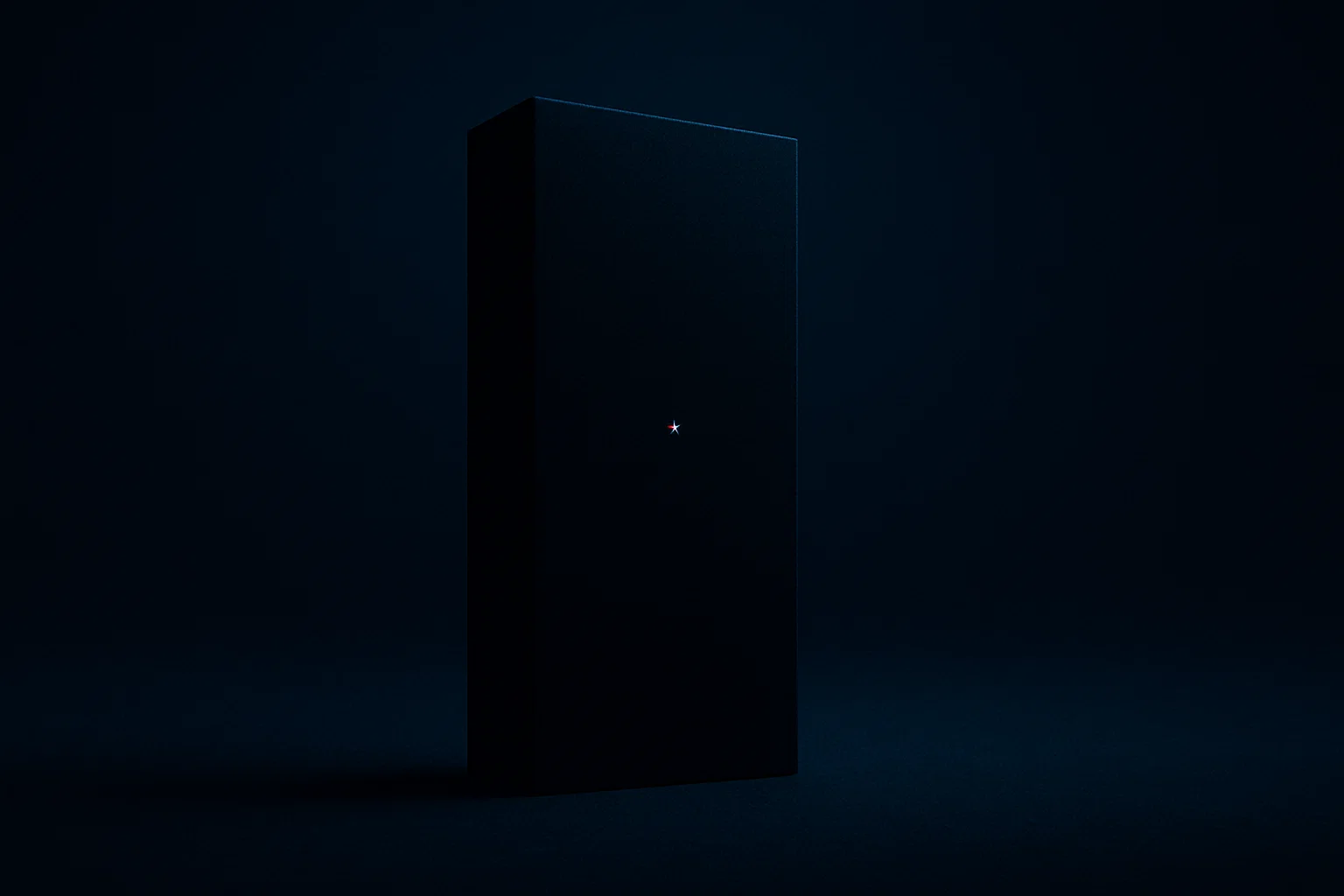 Ein perfekter schwarzer Monolith in endloser dunkler Leere, glatt und lichtschluckend, ein winziger leuchtender Pixel-Glitch auf seiner Oberfläche.