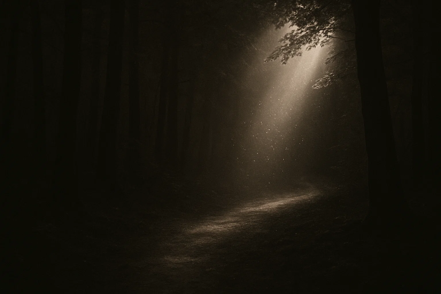 Ein Waldpfad, wo Schatten zwischen Bäumen lauern, und ein versteckter Lichtstrahl durch Blätter sickert, kleine Partikel wie Staub tanzen darin.