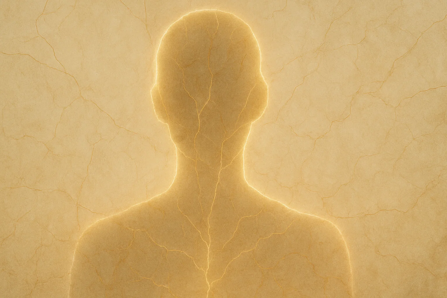 Eine abstrakte, gesichtslose menschliche Silhouette aus goldenen Lichtfäden, die sanft auf einem pergamentartigen Hintergrund pulsiert. Die Komposition in warmem Beige (#fcf8ef) und Gold (#ccb974) suggeriert eine lebendige Karte innerer Spannungen.