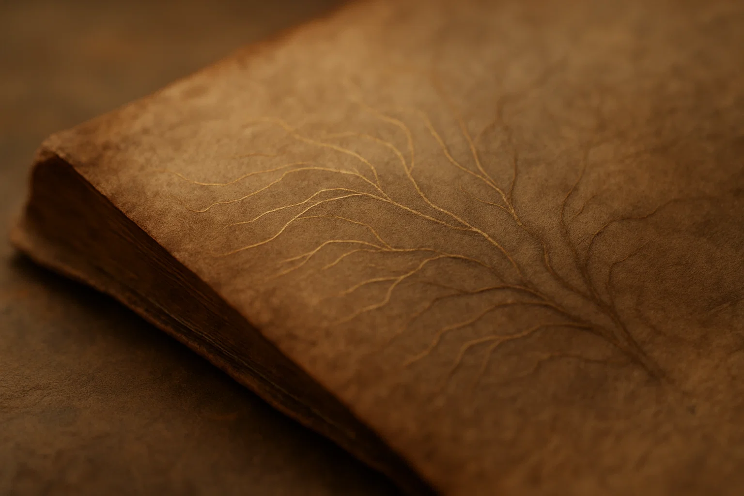 Eine Nahaufnahme einer verwitterten Buchseite in sanftem Beige (#fcf8ef), durchzogen von feinen, goldenen Linien (#ccb974), die wie Nerven oder Adern wirken. Die Textur erinnert an Haut, die von stiller Resilienz zeugt.