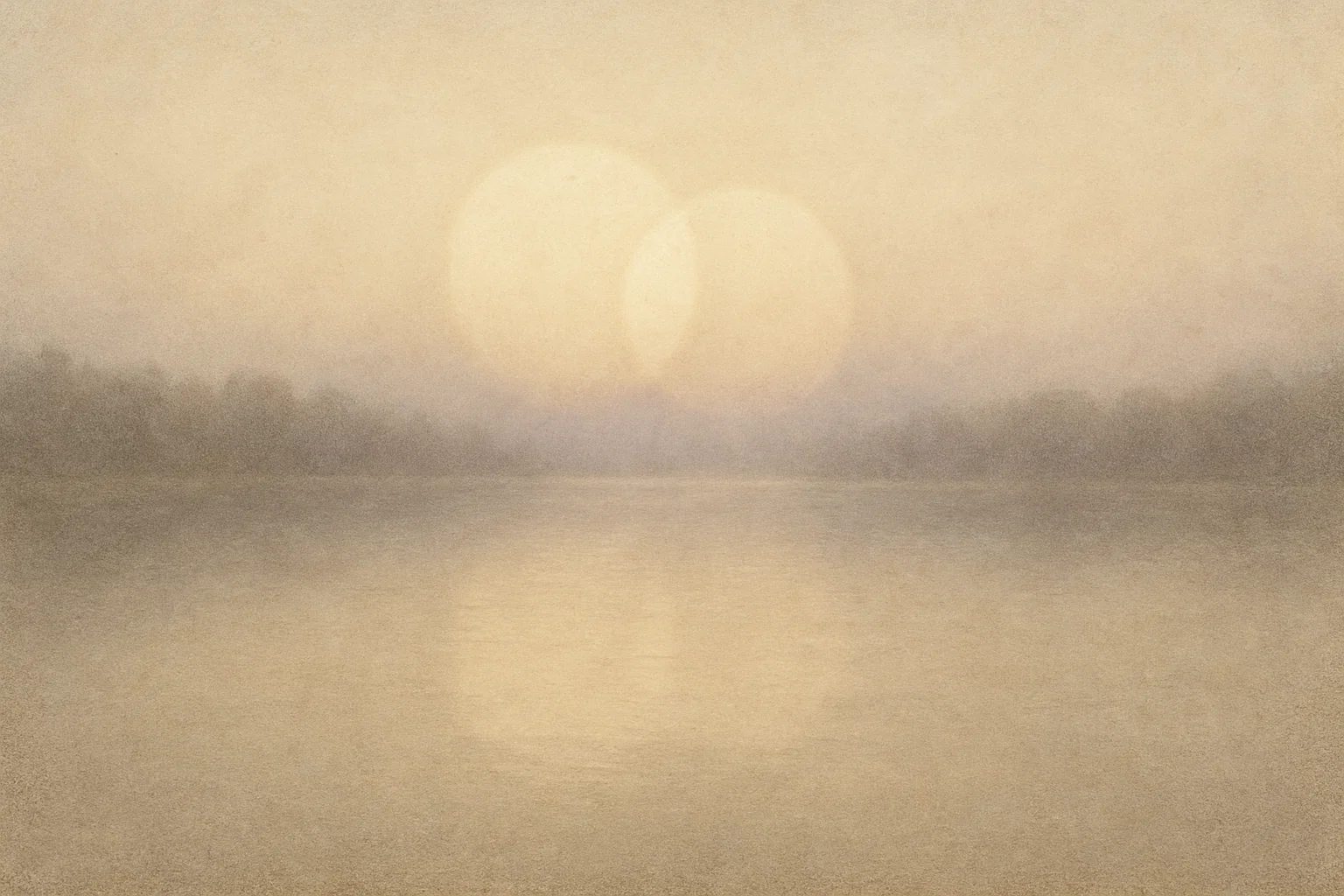 Ein ruhiger See mit zwei verschwommenen Lichtformen in warmem Beige und Gold-Grau, reflektiert in einem nebligen Morgen – ein stilles Symbol für Vertrauen und Beziehung jenseits von Grenzen.