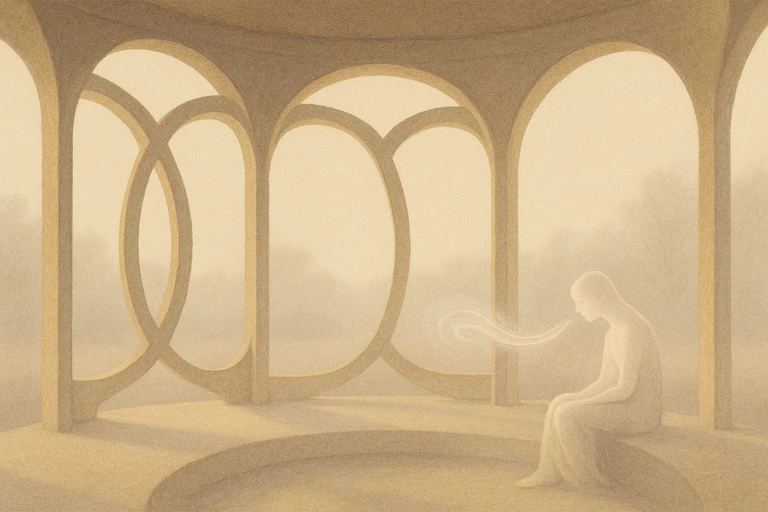Ein offener Pavillon im morgendlichen Nebel, in warmem Beige und sanftem Gold-Grau getaucht, mit elliptischen Bögen und einer ruhenden Lichtgestalt, die einen Atemzug freisetzt. Die matte, körnige Textur und leichte Lavendel-Schatten schaffen einen Raum der Rückgewinnung, ein stilles Zeichen für Mitgefühl inmitten der Hektik.