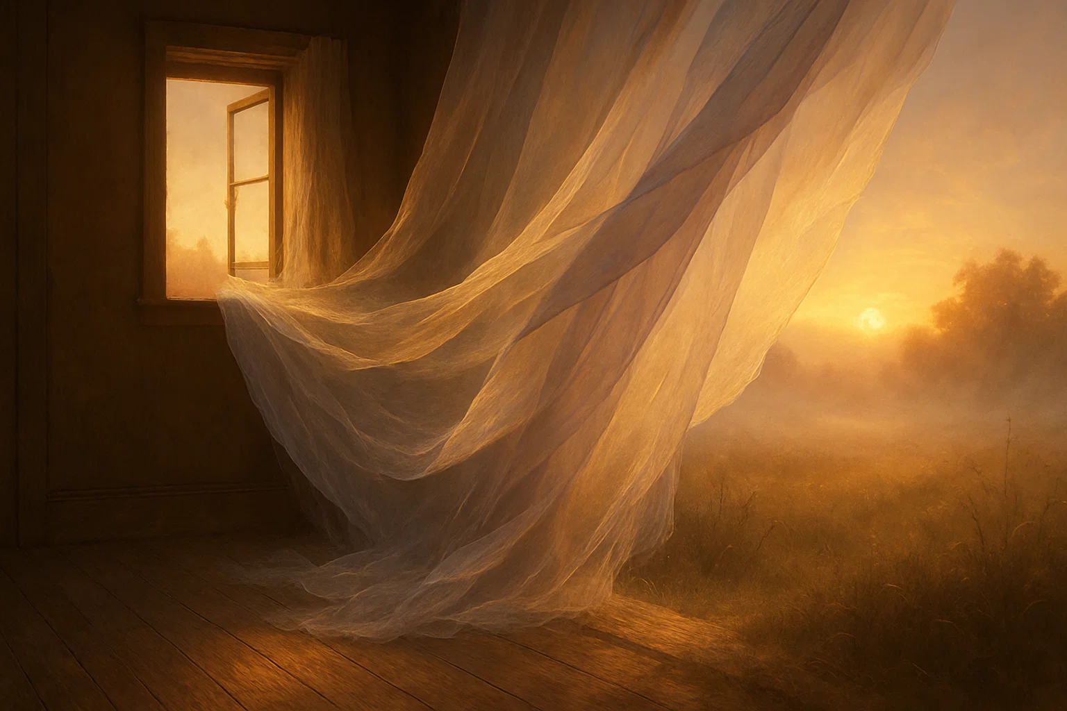 Eine weiche, leuchtende Schwelle zwischen zwei Welten: Auf der einen Seite ein gemütlicher, warm beleuchteter Raum mit Holzböden und einem einzigen offenen Fenster, durch das eine Brise hereinweht, auf der anderen Seite eine weite, neblige Wiese unter einem goldenen Sonnenuntergang.
