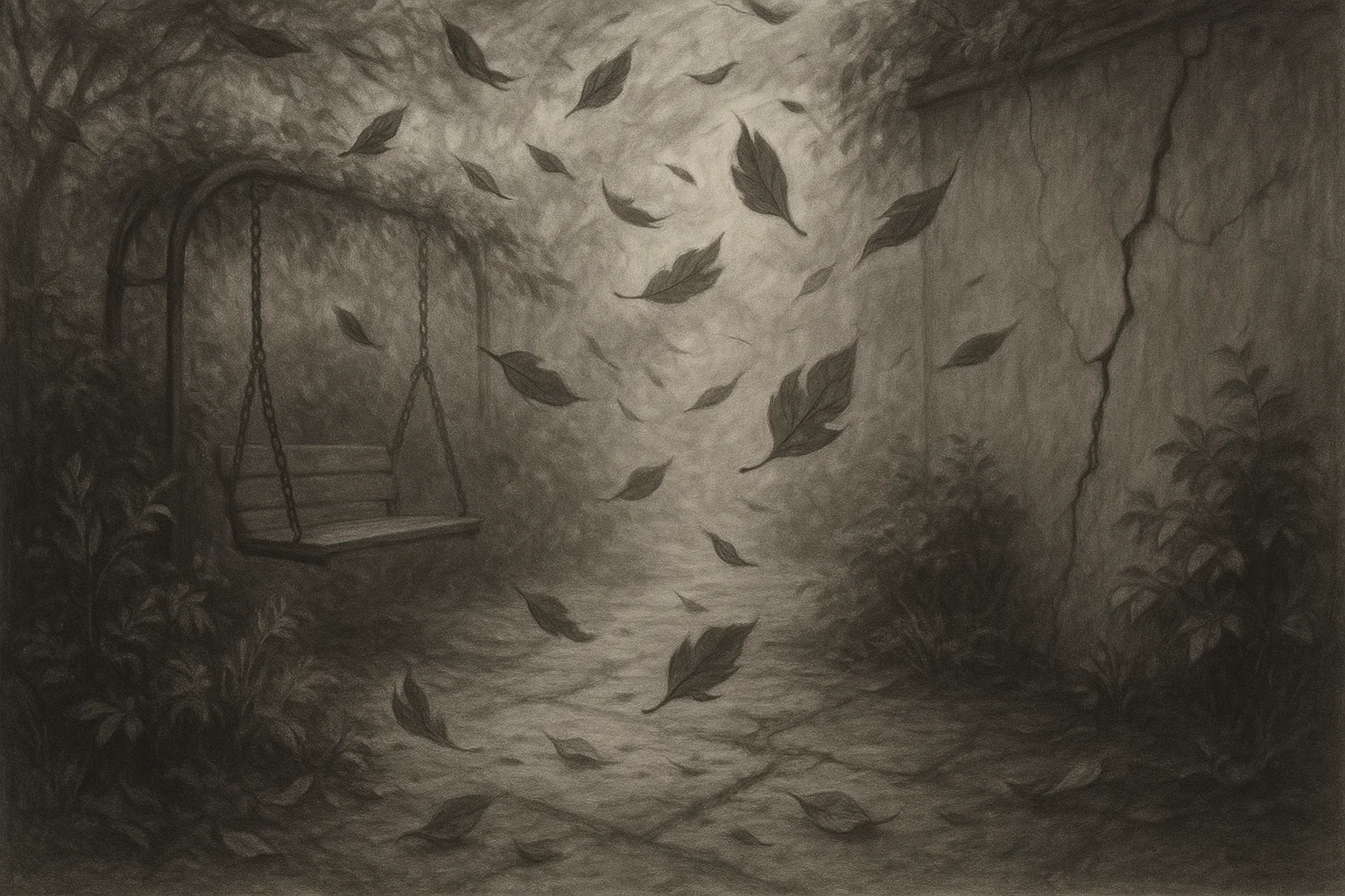 Ein Garten, in dem der Wind flüstert: Blätter wirbeln,  ein Riss atmet Unruhe. Poetisch in Zwischentönen, mit subtiler Wucht.