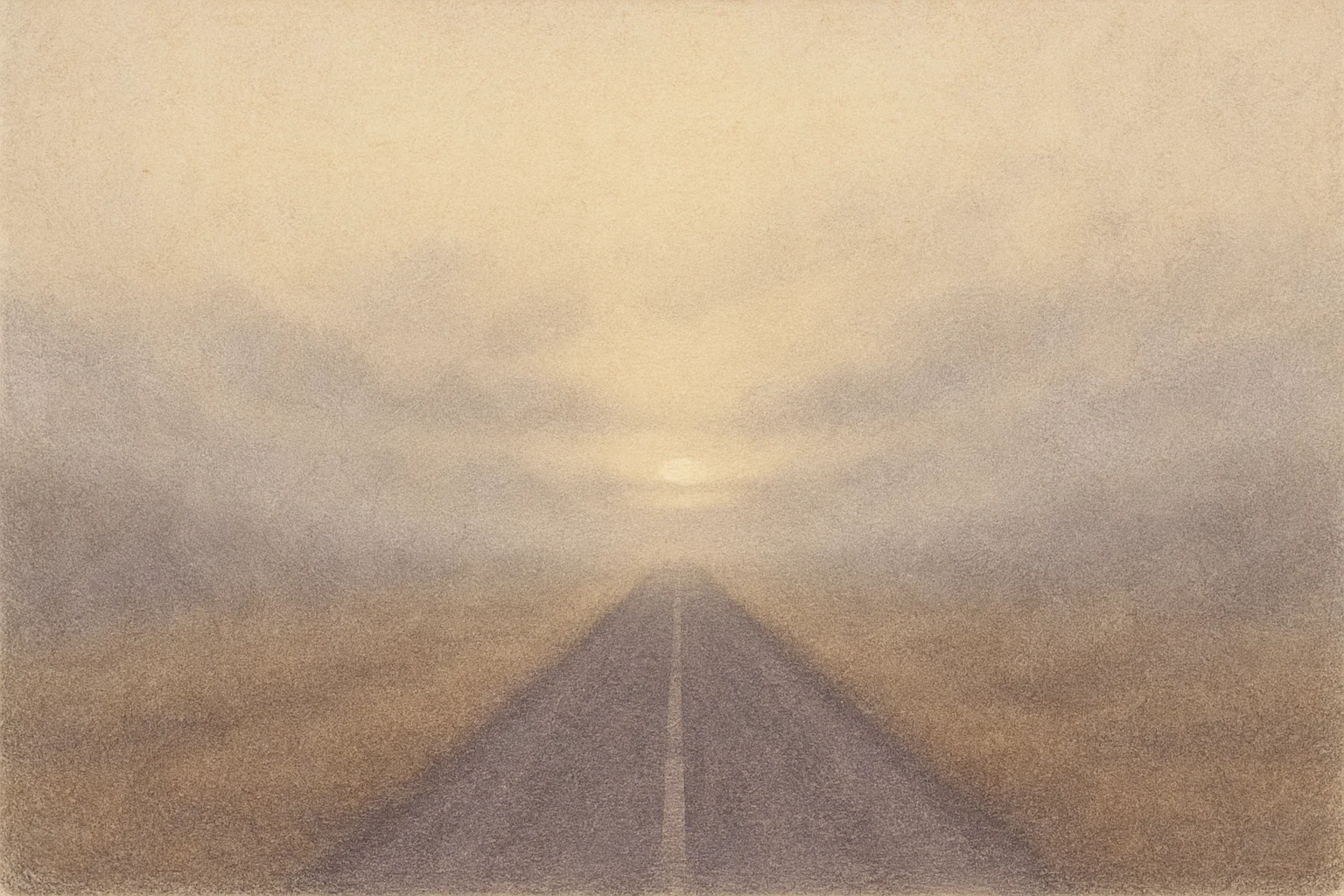 Eine ruhige Straße, die in einen warmen, beigen Horizont übergeht, wo sich ein sanfter, goldgrauer Nebel teilt und eine sanfte Lichtwelle offenbart, die eine Pause von der Reise nahelegt.