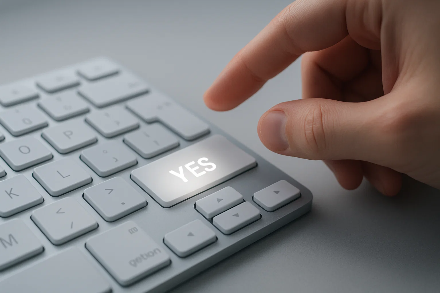 Nahaufnahme eines anonymen BĂŒro-Keyboards, auf dem die Enter-Taste ersetzt wurde durch eine leuchtende Taste mit der Aufschrift YES.