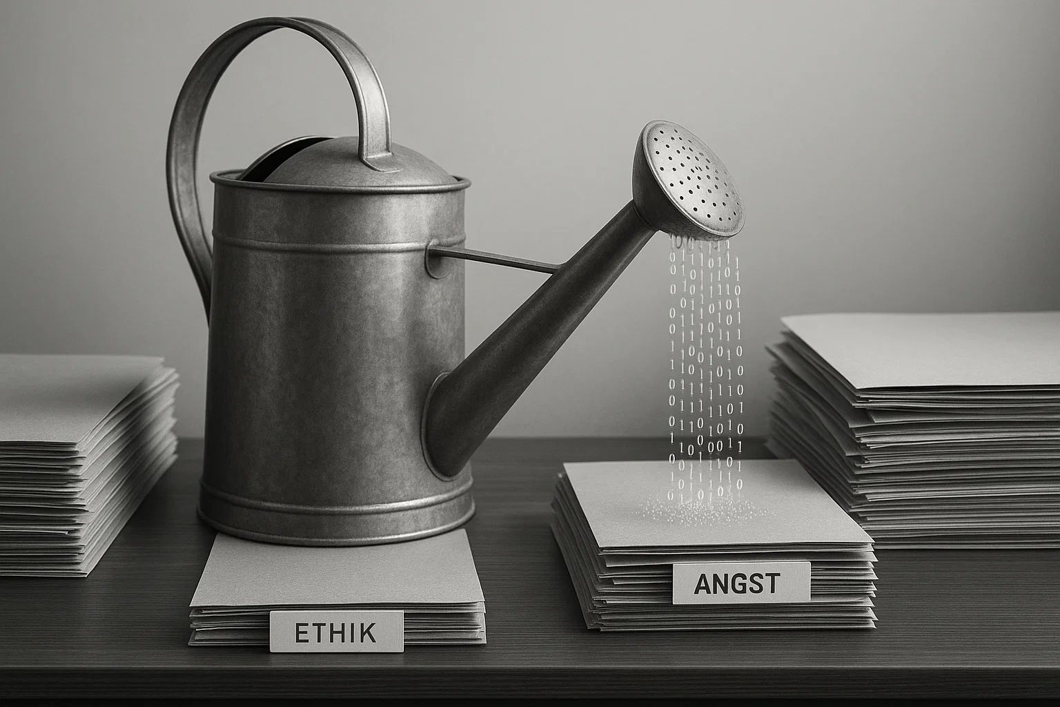 Close-up einer klassischen GieĂkanne auf einem Schreibtisch, umgeben von ordentlichen Aktenstapeln.