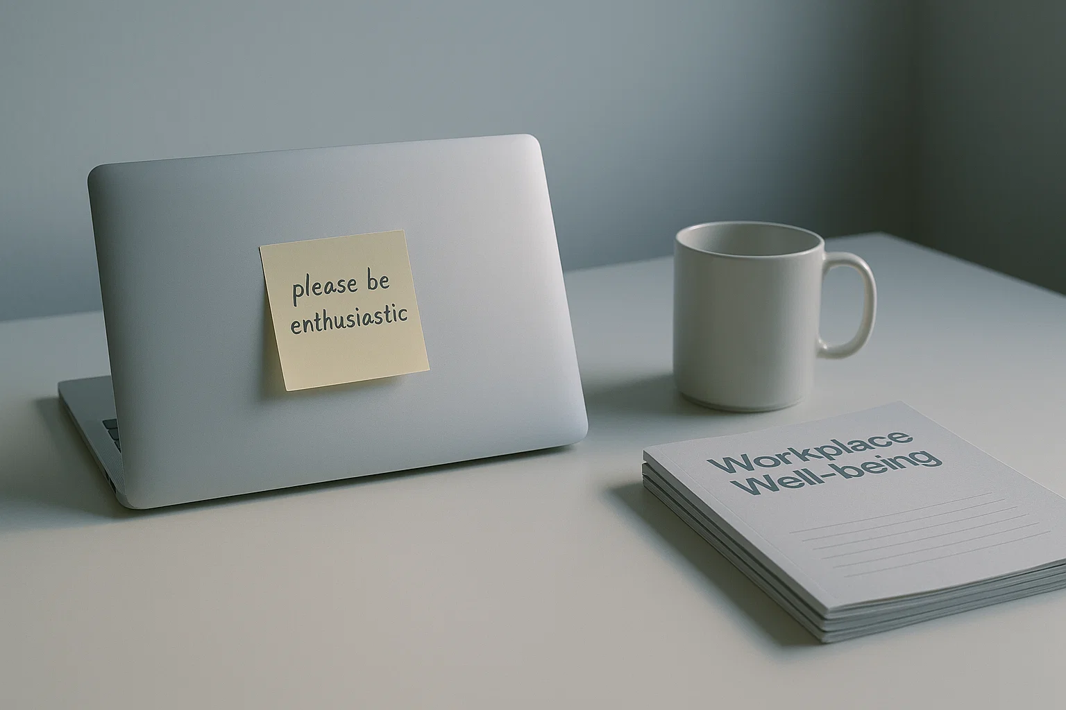 Ein minimalistischer Schreibtisch in einem Unternehmen im sanften Licht eines kalten Morgens.Ein geschlossener silberner Laptop mit einer gelben Haftnotiz, auf der âBitte sei enthusiastischâ steht.Die Haftnotiz ist leicht schief, als wĂ€re sie mehrmals neu positioniert worden. Daneben steht eine saubere weiĂe Kaffeetasse.