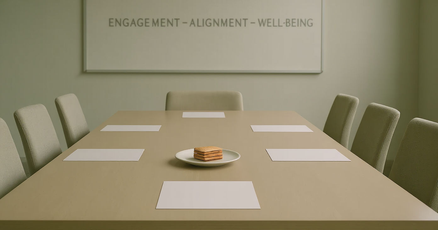 Ein minimalistischer Besprechungstisch in sanfter, neutraler Bürobeleuchtung. In der Mitte des Tisches ein kleiner weißer Teller mit genau drei einsamen Crackern, die etwas zu sorgfältig arrangiert sind.