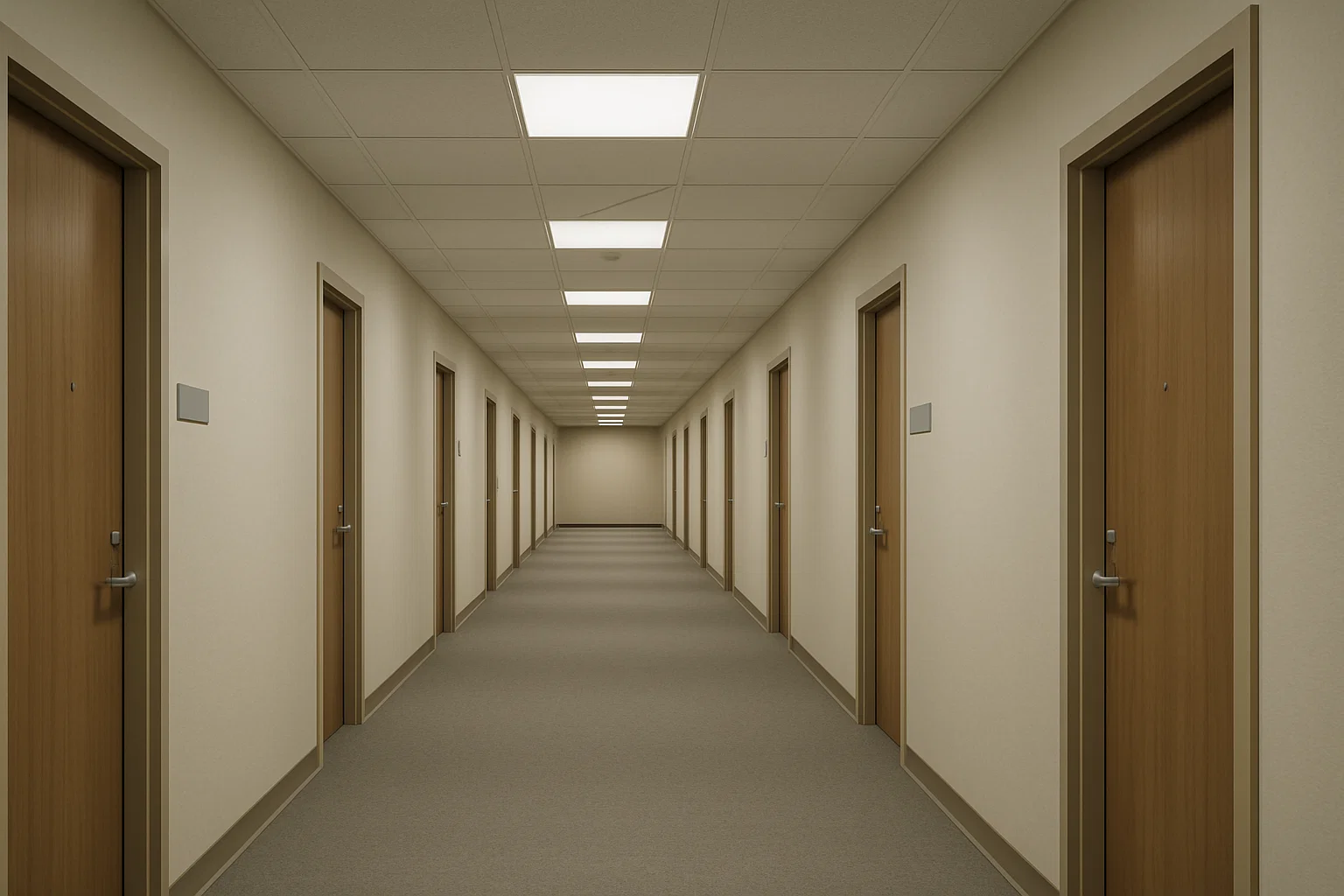 Ein leerer, stiller Büroflur in corporate Licht getaucht. Bürotüren aus Holz.