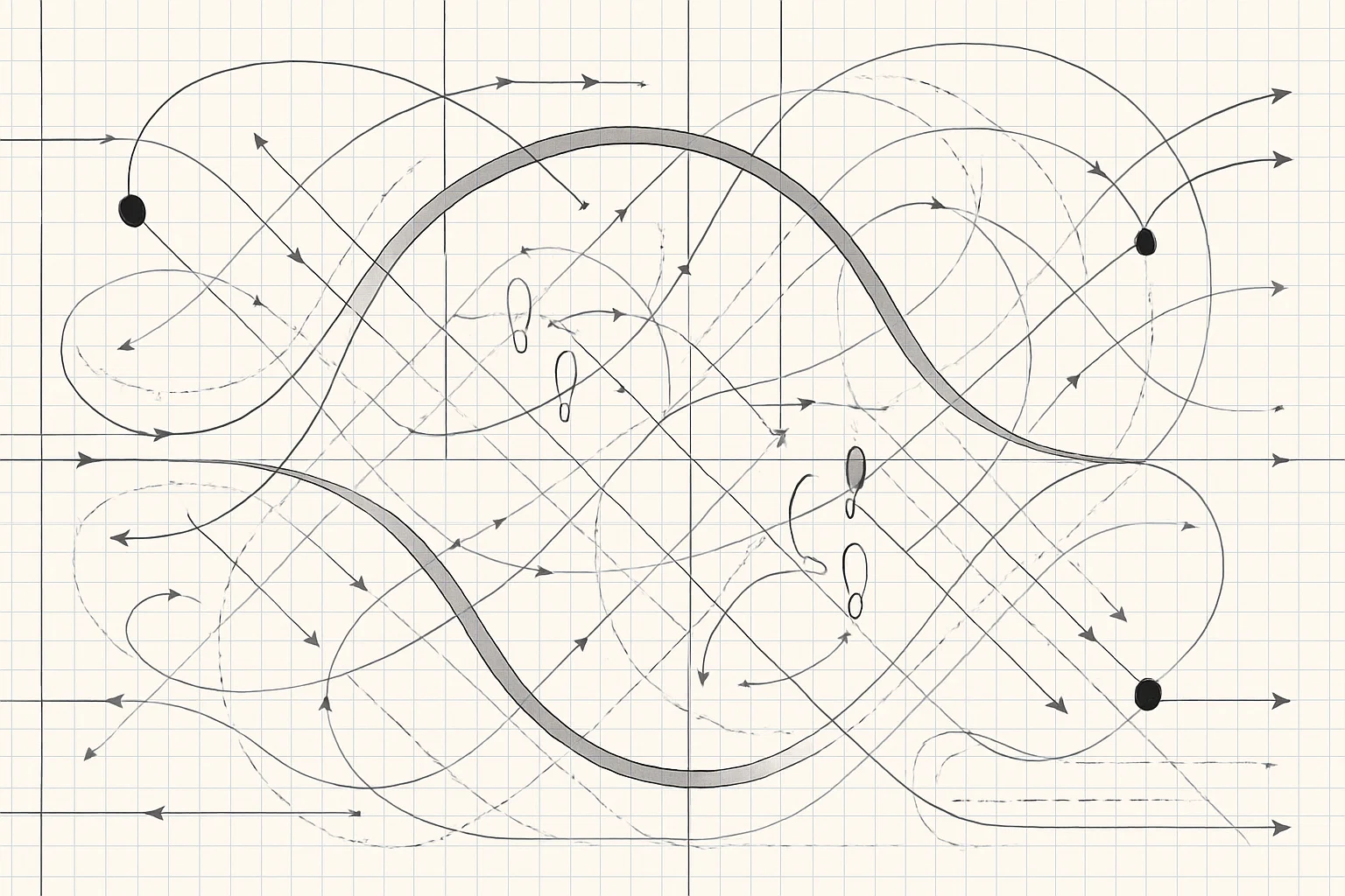 Diagramm aus geschwungenen Vektoren und Fußspuren auf einem Raster, als metaphorische Systemchoreografie.