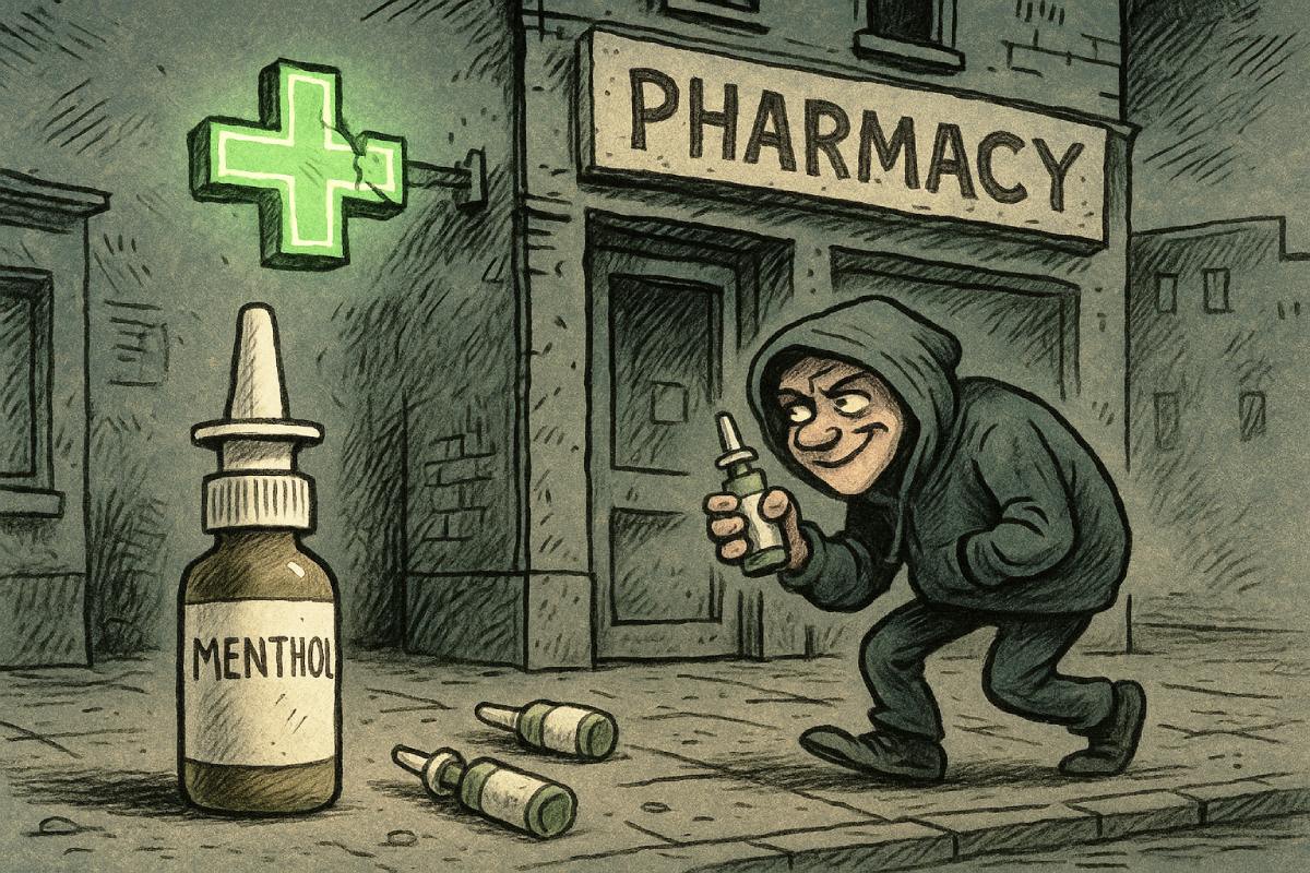 A humorous, satirical illustration in a sketchy, urban cartoon style, set outside a slightly run-down pharmacy at dusk