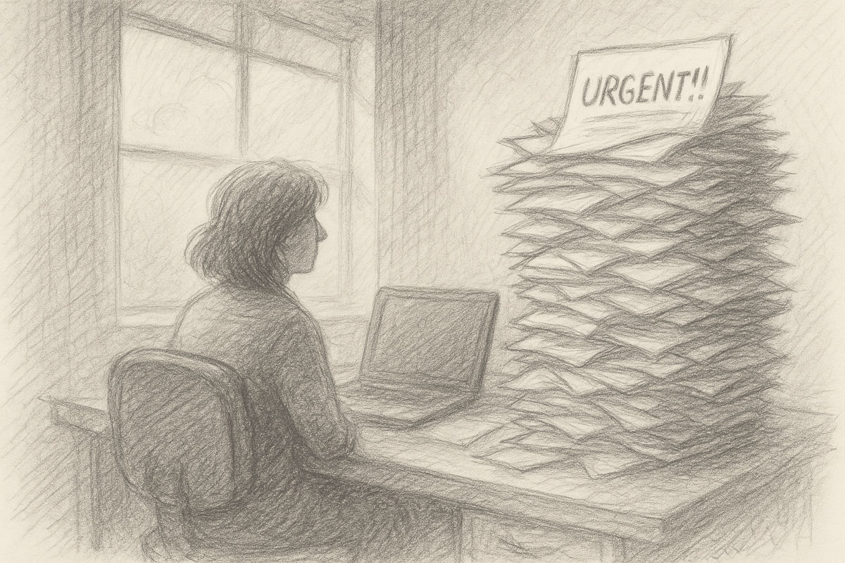Eine Schreibtischszene mit überbordendem Papierstapel, und einem Task mit „URGENT!!!“ ganz oben