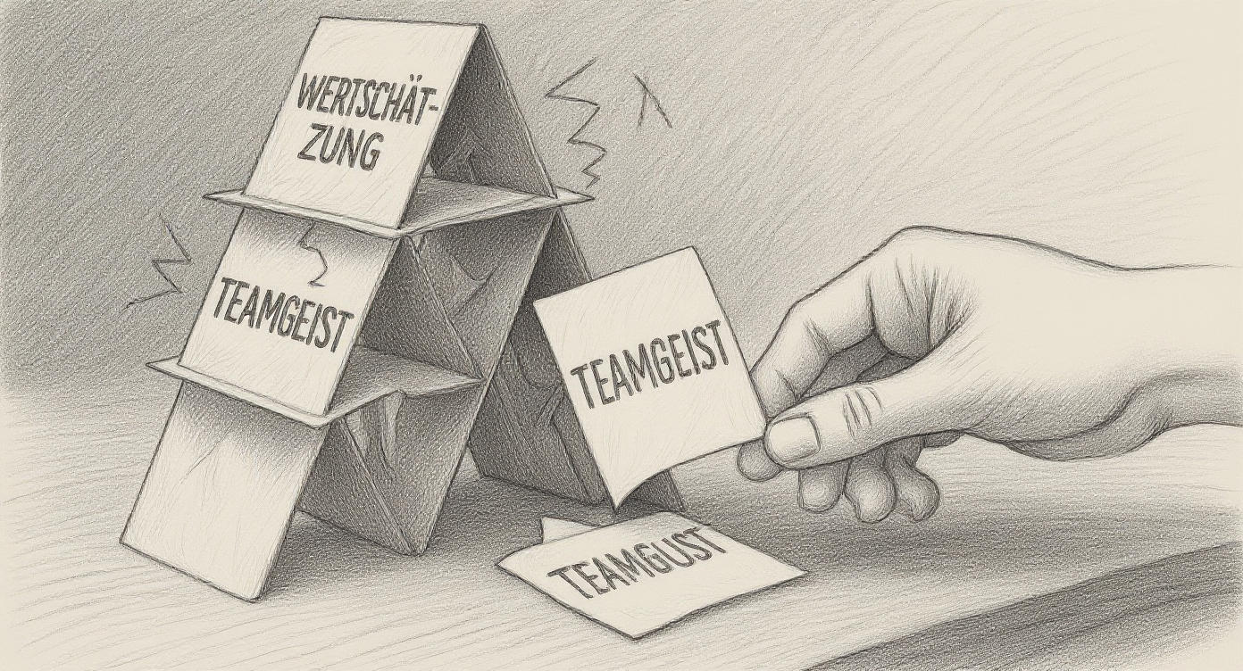 Ein Bleistiftbild mit einem Tisch, auf dem ein Kartenhaus steht. Einzelne Karten tragen Wörter: „Wertschätzung“, „Teamgeist“, „Transparenz“.