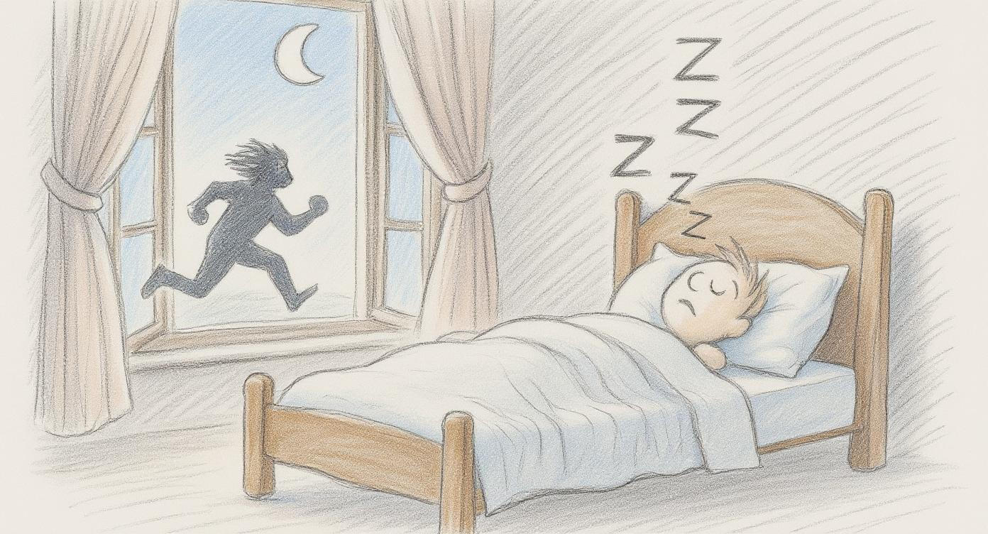 Eine Skizze eines Schlafzimmerfensters mit aufgerissenen Vorhängen, draußen ein flüchtender Schatten – drinnen eine friedlich schnarchende Person mit Zzzz über dem Kopf, die wie ein Totem des Widerstands daliegt.