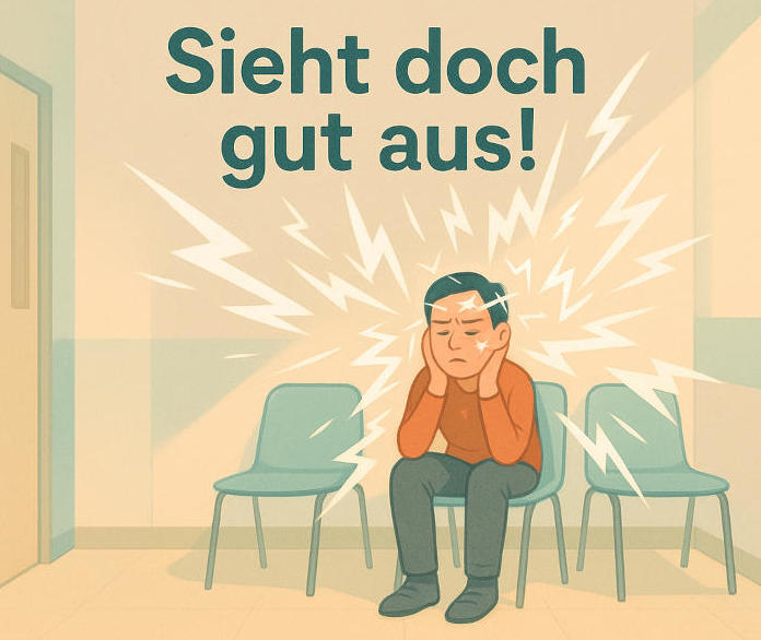 Person mit Gewitter im Kopf sitzt im Wartezimmer. Darüber: "Sieht doch gut aus"