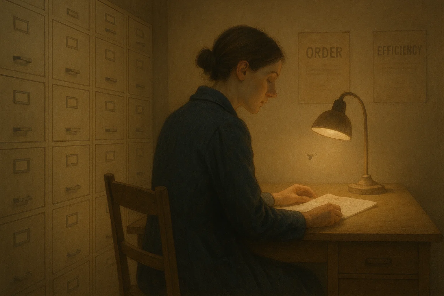 Die Souffleuse sitzt an einem Archivschreibtisch, nur von einer kleinen Lampe beleuchtet. Ihre Augen sind auf ein Manuskript gerichtet. Im Hintergrund: graue Ordnung, leise Unruhe.