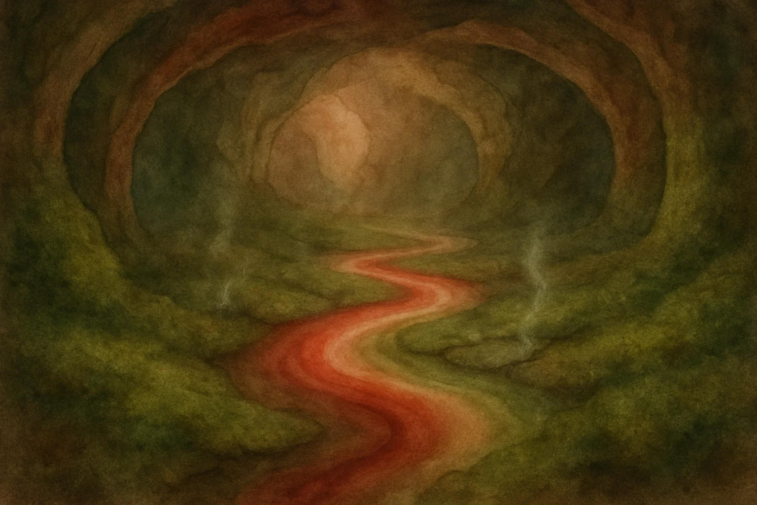 Dampfiger, gewundener Tunnel mit rotem Strom, eingebettet in moosige, organische Landschaft – suggestiv, fließend, körperlich.