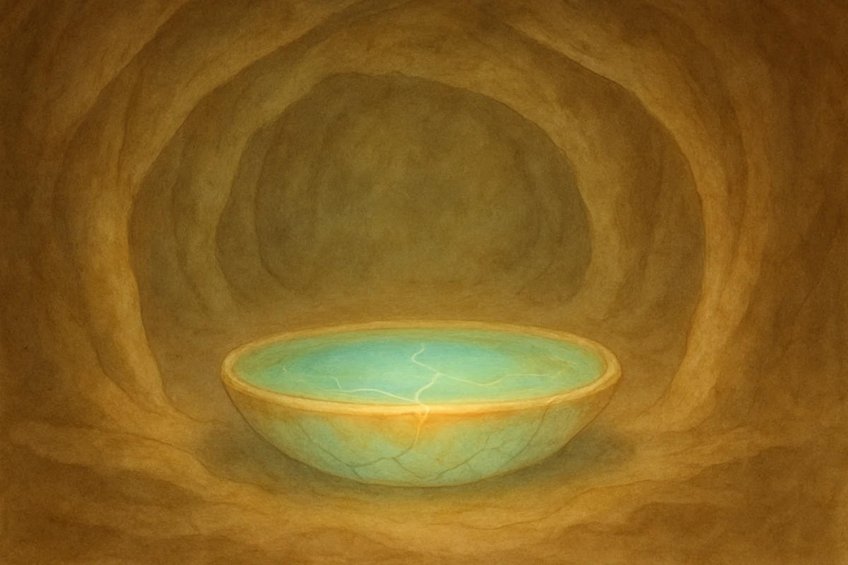 Eine türkisblaue Schale mit feinen Rissen steht in einer lehmfarbenen Höhle – ruhig, aber voller innerer Spannung.
