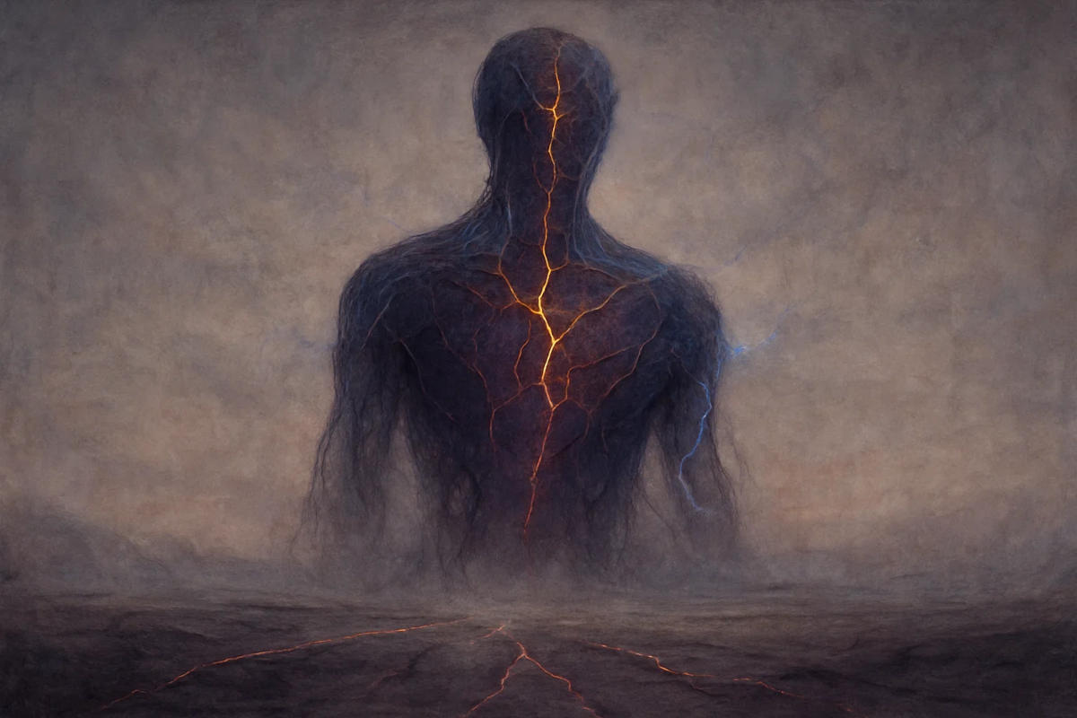 Eine humanoide Silhouette aus leuchtenden Rissen, Fasern und Nebel. Verwoben. Gebrochen. Pulsierend aus Stein und Strom.