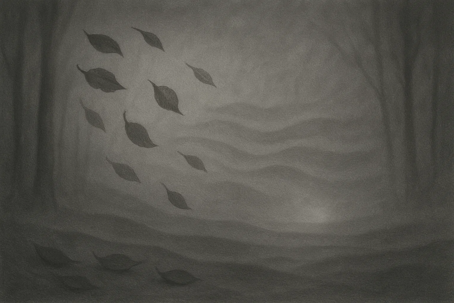 Halbwahrheiten als wirbelnde Blätter im Wind, Echos als wellenförmige Schatten, ein leises Licht flüstert in der Ferne