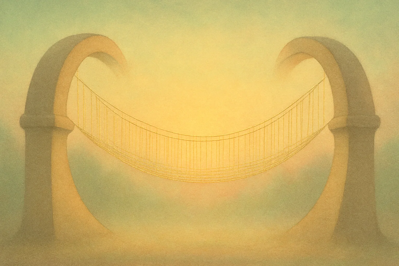Eine filigrane Hängebrücke aus dünnen, goldenen Fäden, die sich im Morgengrauen zwischen zwei geschwungenen, beigen Steinbögen spannt. Die Fäden schimmern sanft im weichen goldenen Licht, mit zarten Reflexen von blassem Grün und zartem Rosa in der nebligen Luft.